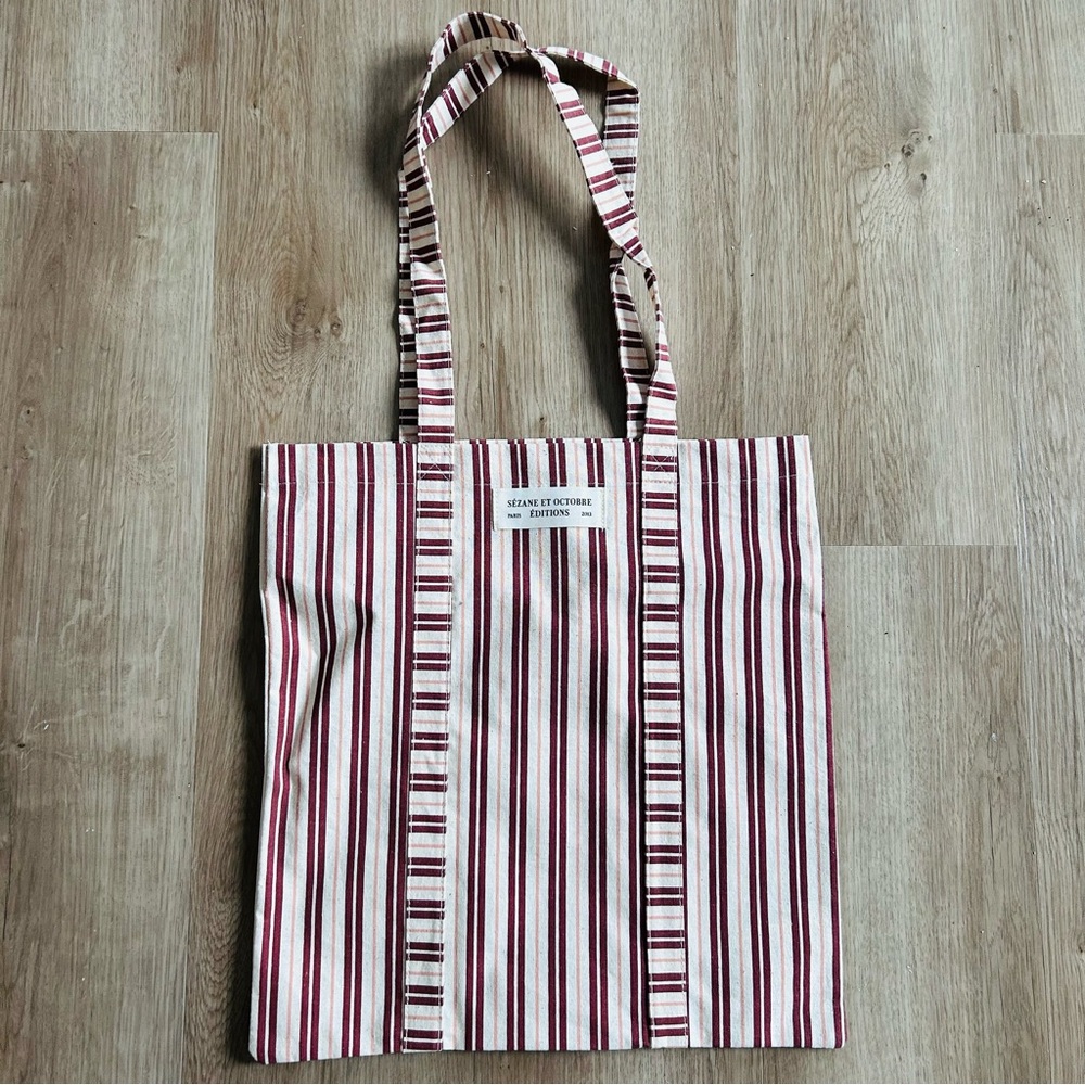 New 🇫🇷 Sézane Striped Tote Bag Ecru White & Burgundy Red - Picture 2 of 4